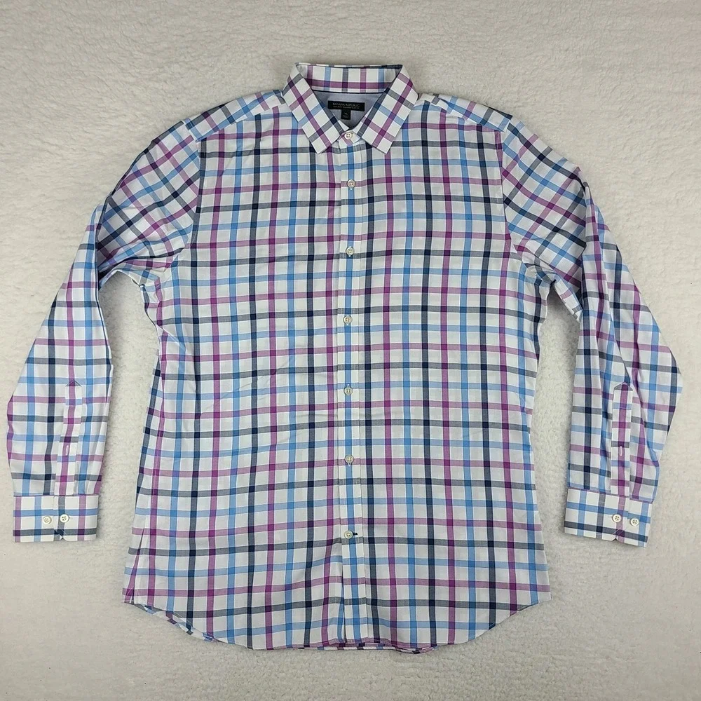 Banana Republic Shirt Men XL Blue Purple White Tailored Slim Fit Dress Button Up